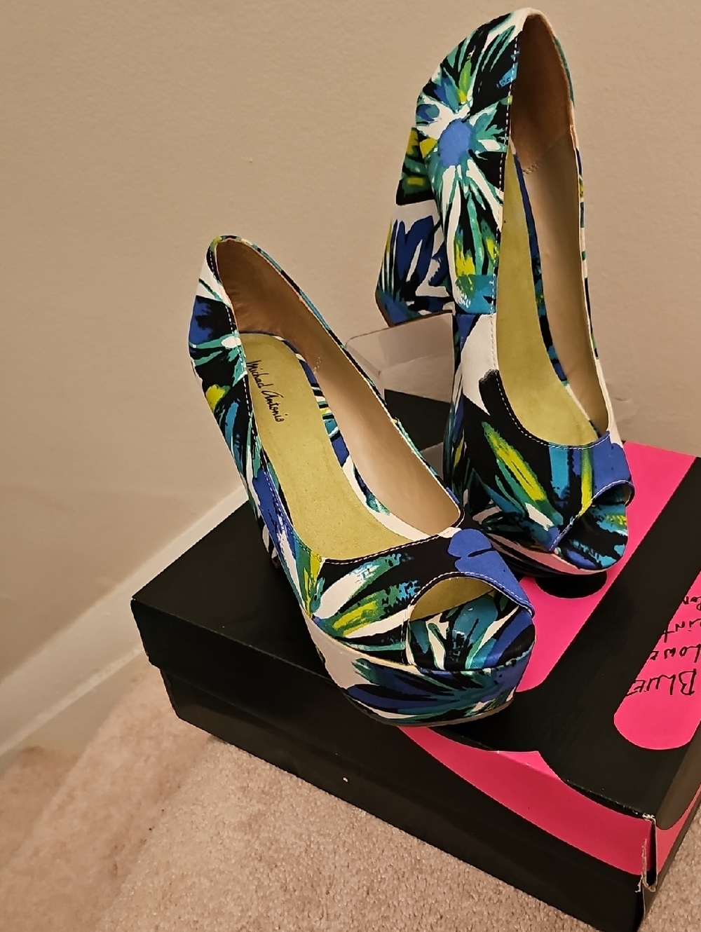 Michael Antonio Blue Multi Floral Peep-Toe Platform Pumps